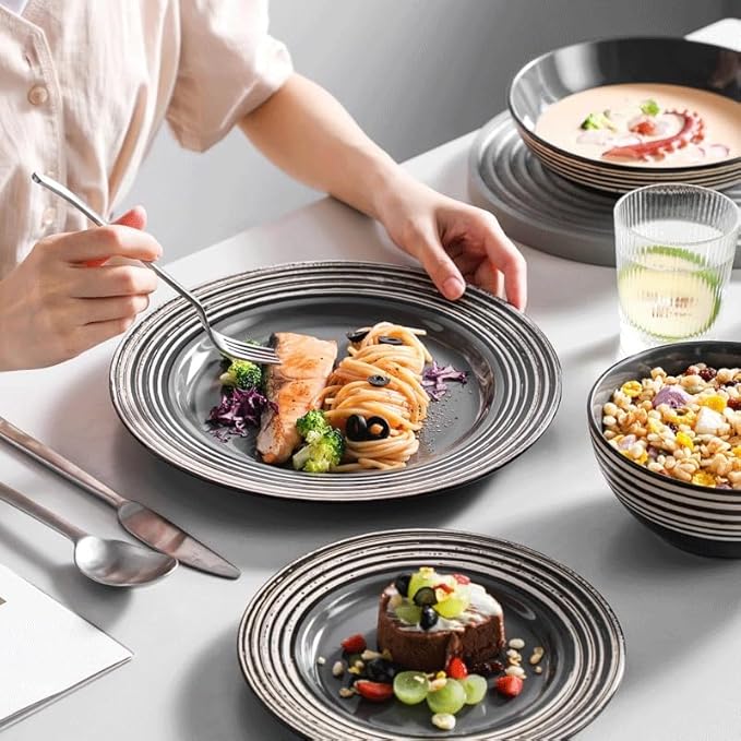 Kitchen Plates 16 Piece Stoneware Dinnerware Set with Dinner Dessert Plate Cereal Pasta Bowl Service