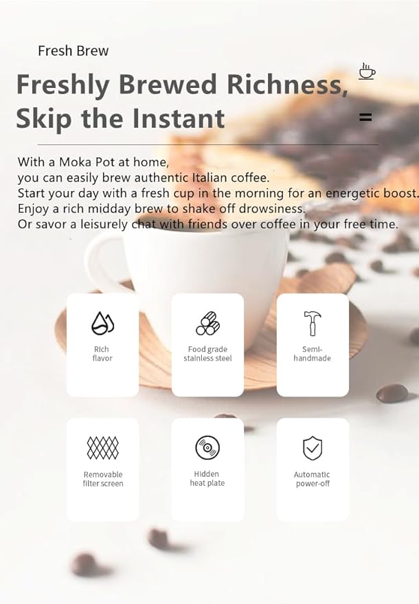 Electric Moka Coffee Maker - Electric Moka Pot with Italian Safety Valve STRIX UK Thermostat 304 Stainless Steel - Preparation of Rich and Aromatic Espresso Coffee (230 Milliliters)