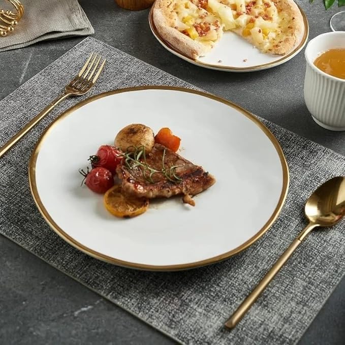 Porcelain Dinnerware Sets 12 Piece Service for 4 Dishes Round Plates Bowls Golden Rim Dish Set for Home Decor