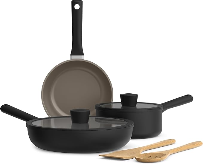 bella 7 Piece Cookware Set with EverGood™ Ceramic Nonstick Coating Dishwasher Safe Oven Safe All Stovetops Compatible Glass Lids with Silicone Rims Cool Touch Handles Black