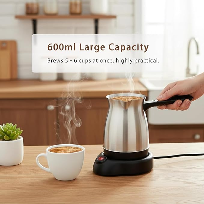Turkish Coffee Maker 600ml Stainless Steel Turkish Coffee Pot Electric Arabic Greek Coffee Maker Machine Automatic Pot Warmer Kettle for Home Travel Office Camping and Daily Use