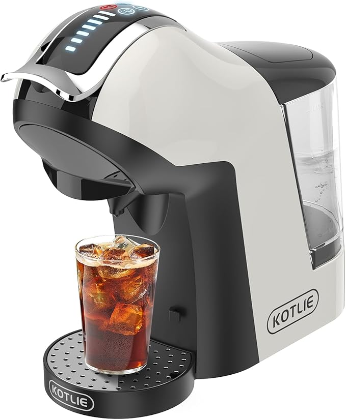 KOTLIE Single Cup Coffee Maker Multi Capsule Machine Compatible With Various Capsule Types 4 Temperature Settings 7 Water Volume Levels19 Bar(Glossy White)