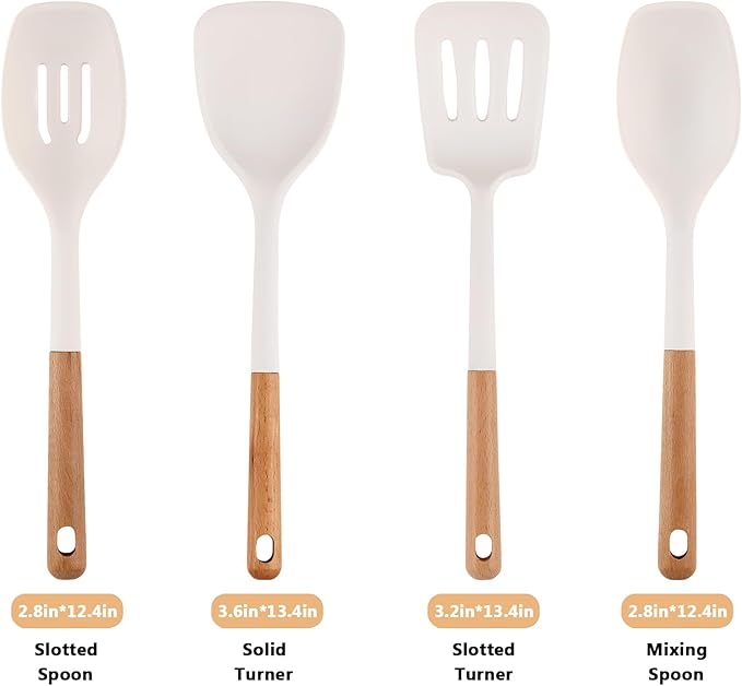 Silicone Kitchen Utensils Set of 4 Large Non-Stick Cooking Utensil Set w Wooden Handle Food Grade Heat Resistance Turner Spoon Silicone Cooking Kitchen Gadgets BPA Free for Nonstick Cookware