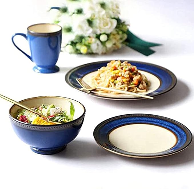 Ceramic Dinner Plate SetsFine 4 Piece Dinnerware Set Durable Vintage Design in Cobalt Blue and Gold Rim Plates Bowls Coffee Cups Service for 1