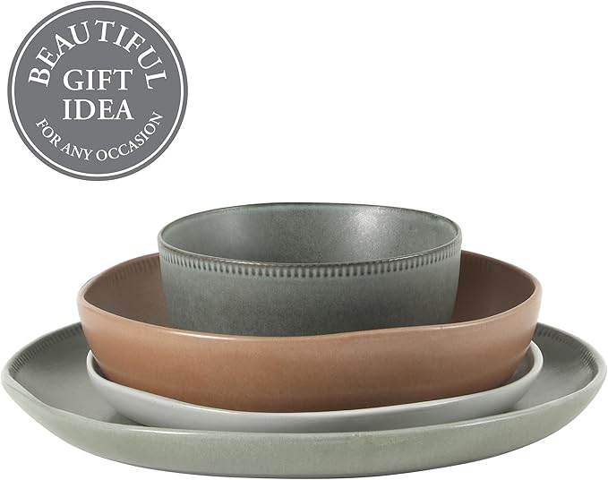 Gibson Elite Menlo Park 16-Piece Pottery Clay Stoneware Dinnerware Set – Assorted Color Reactive Glaze Organic Shape Embossed Plates and Bowls W/Pasta Bowl Service for 4 Microwave Dishwasher Safe