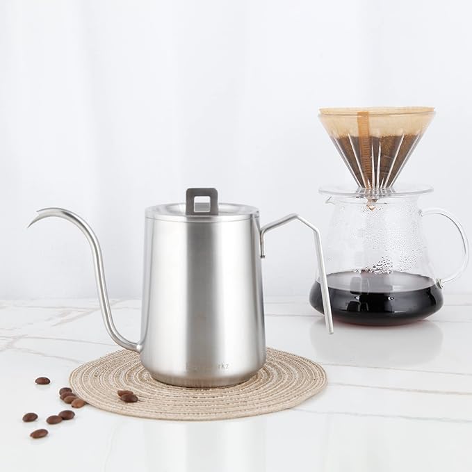 Easyworkz Gooseneck Pour Over Coffee Kettle 20 oz Stainless Steel Hand Drip Coffee Pot With Long Narrow Spout Brushed Silver