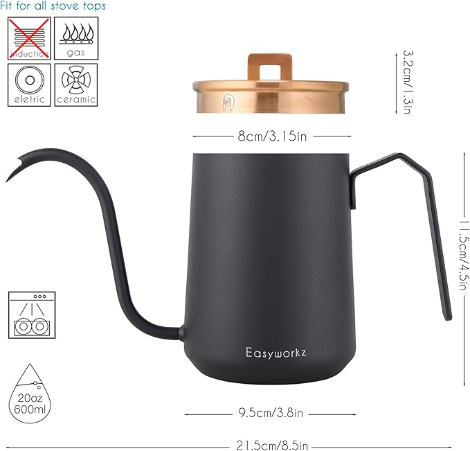 Easyworkz Gooseneck Pour Over Coffee Kettle 20 oz Stainless Steel Hand Drip Coffee Pot With Long Narrow Spout Rose Gold Black