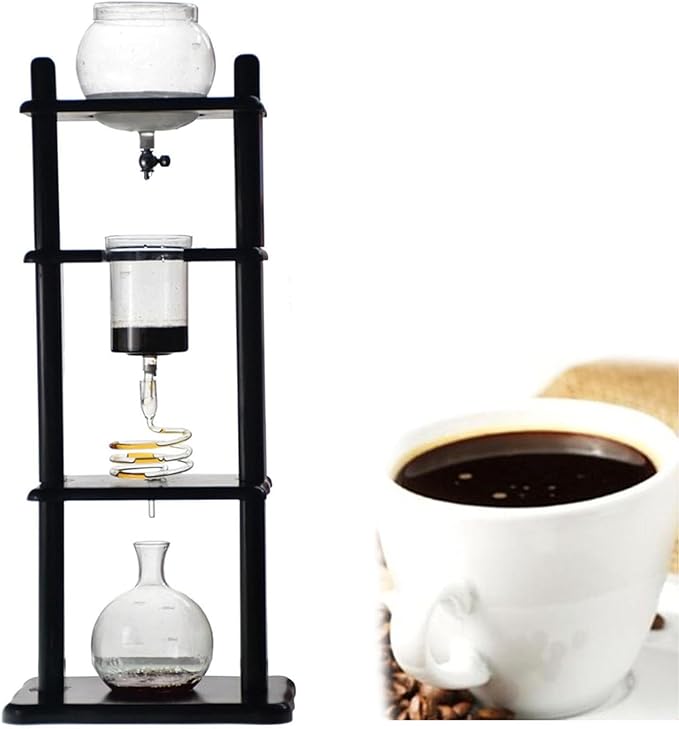 Cold Brew Drip Coffee Tower Ice Coffee Maker - Makes 6-8 Cups 1000ml with Slow Drip Technology Glass Container and Wood Stand for Commercial Office