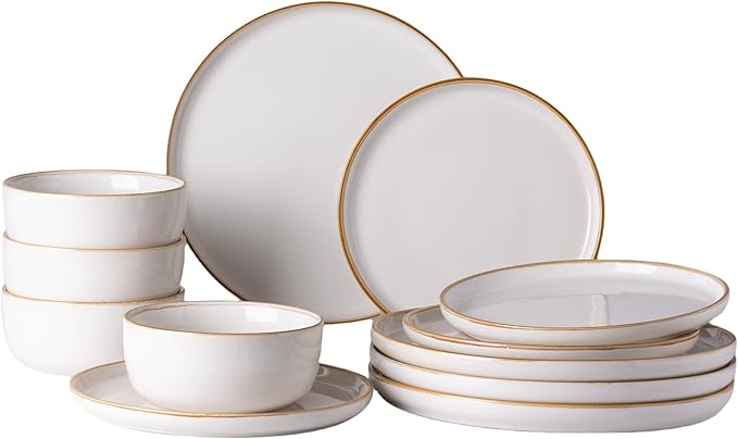 GBHOME Ceramic Dinnerware Sets for 4 12 Pieces Stoneware Plates and Bowls Sets Scratch Resistant Dishes Dishwasher &amp Microwave Safe Reactive Glaze-White