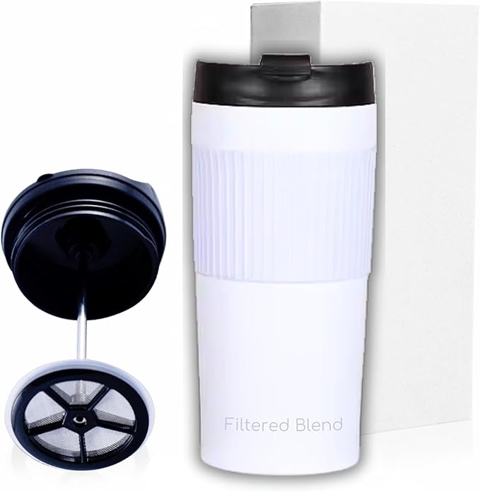 15oz Double Wall Stainless Steel Insulated French Press Coffee and Tea Maker - Portable Camping Tea Coffee Mug and Tumbler (White)
