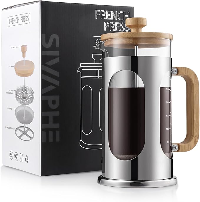 Sivaphe No-Plastic French Press Coffee Maker 34 oz Borosilicate Glass Bamboo Lid and Handle Coffee Tea Press 8 cup 1000ml Coffee Milk Forther with Stainless Steel Holder and Resuable Filters