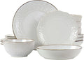 16 Piece Ivory Stoneware Dinnerware Set – Embossed Plates with Scalloped Edges and Double Bowl Design Microwave &amp Dishwasher Safe Elegant Tableware Set for 4