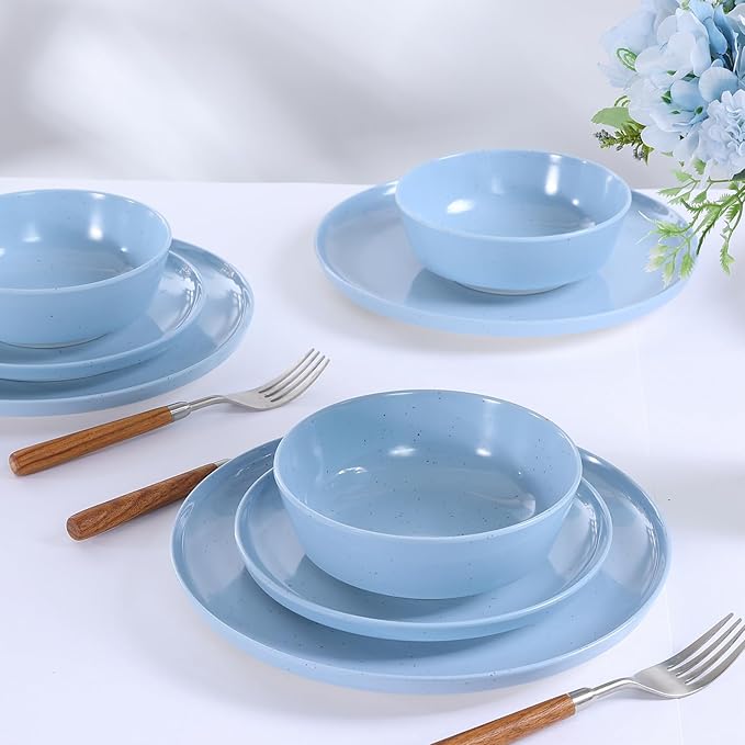 Webbylee 12-Piece Melamine Dinnerware Set for 4 – Unbreakable Plates &amp Bowls Lightweight Two-Tone Blue &amp Beige Ideal for Family Meals Camping Picnic Parties