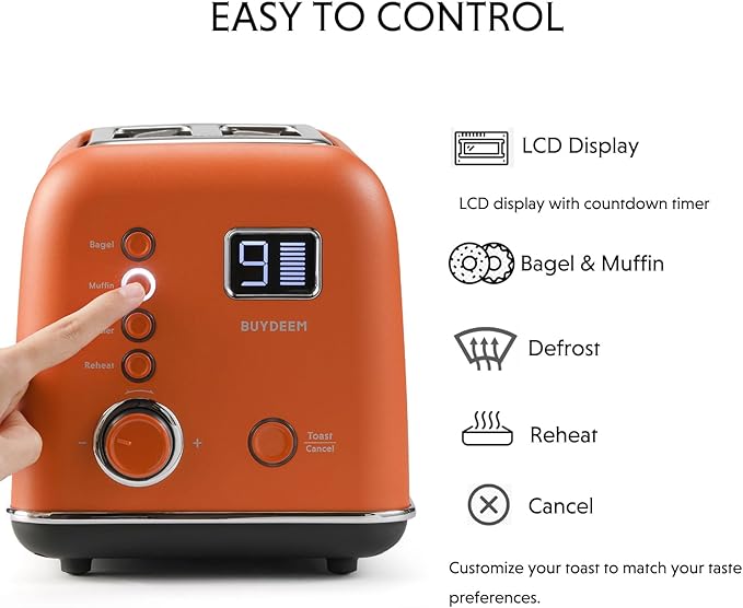 BUYDEEM DT730 Motorized Toaster 2-Slice Smart Digital Leverless Toaster with LCD Countdown Timer 9-Shade Settings for Toast Bagels Waffles Muffins