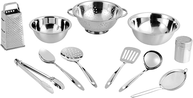 Vinod Stainless Steel Cookware Set 11-Piece Kitchen Starter Set Includes Mixing Bowls Set Stainless Steel Colander| Kitchen Food Strainer 4-Side Grater Serving Spoons Ladle &amp Utility Tongs