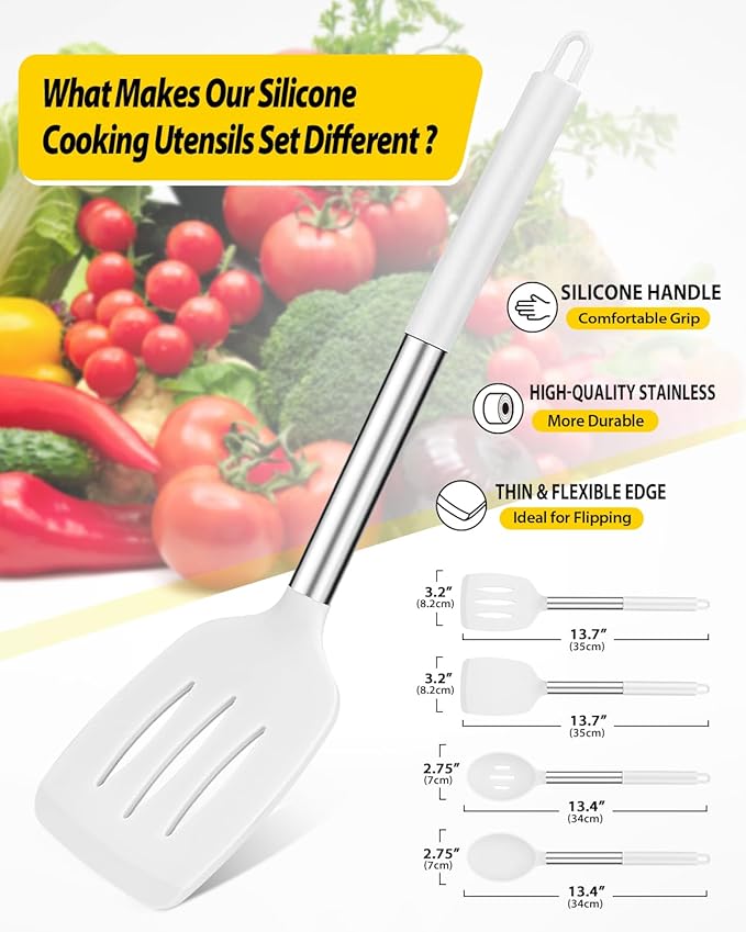 Pack of 4 Silicone Cooking Utensils Set Non Stick Large Solid Spatulas Heat Resistant Slotted Spoons Ideal BPA Free Kitchen Turners for Frying MixingServingDrainingTurningStirring (WHITE)