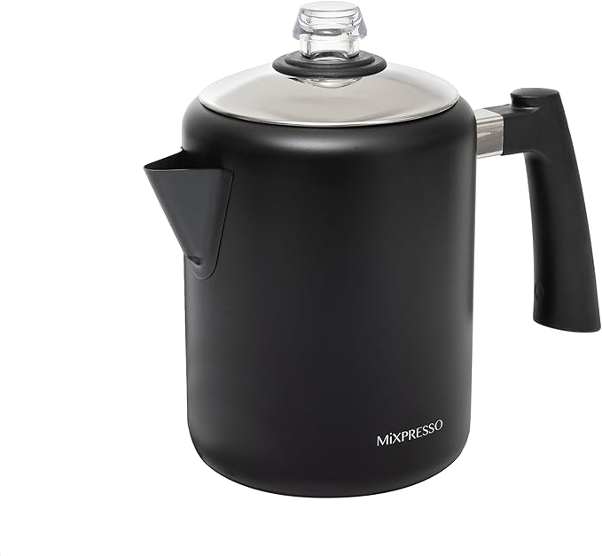 Mixpresso Black Stainless Steel Coffee Percolator Stovetop 37oz Classic Percolator Coffee Pot Great For Camping Pot 5-8 Cup Stove Top Espresso Maker Cool-Touch Handle