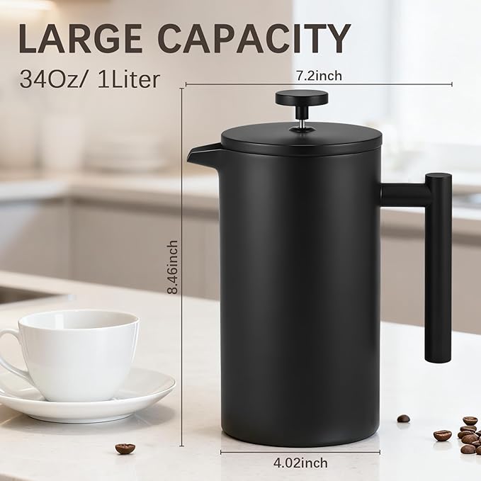 French Press Coffee Maker 304 Grade Stainless Steel French Press with 2 Extra Filters for Home Office Travel Camping - 34OZ/2 Litre (Black)