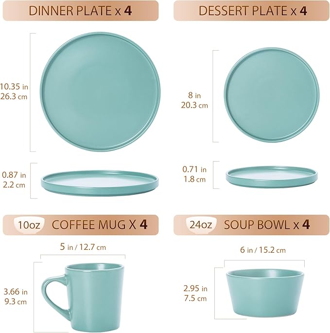 Plates and Bowls Sets for 4 - CJDC-QUELO 16 Piece Stoneware Dinnerware Sets with Mugs Ceramic Dishware Sets for Kitchen Dining Use Chip and Scratch Resistant Microwave Dishwasher Safe Green
