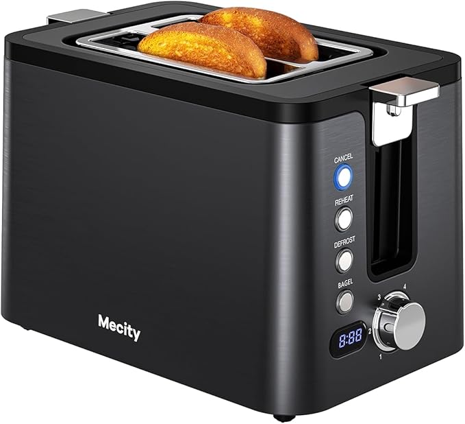 Mecity Toaster 2 Slice Stainless Steel Body Timer Bagel Defrost Reheat Cancel Functions Warming Rack Removable Tray 6 Browning Settings Extra Wide Slots Bread Toaster 120V 800W Black