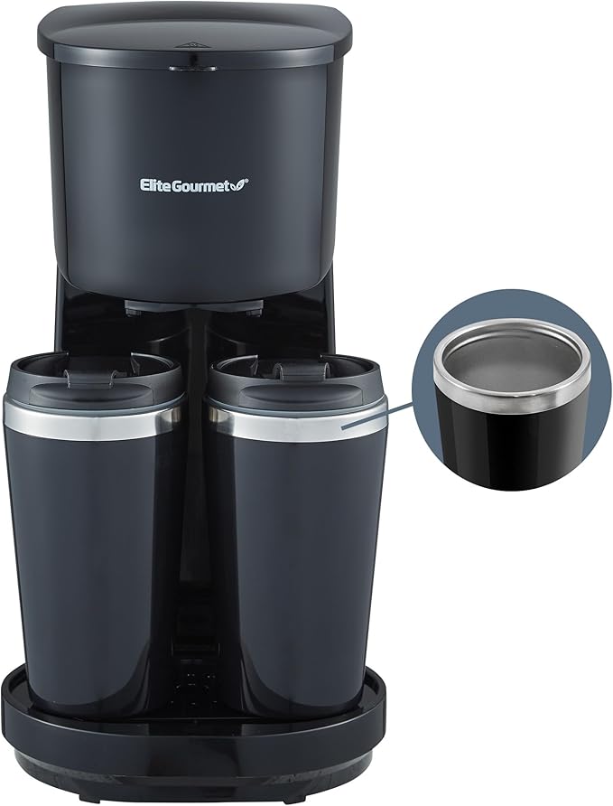 Elite Gourmet EHC116 Dual Drip Double Coffee Maker Brewer Includes Two 14 Oz Stainless Steel Interior Thermal Travel Mugs Compatible with Coffee Grounds Reusable Filter Black