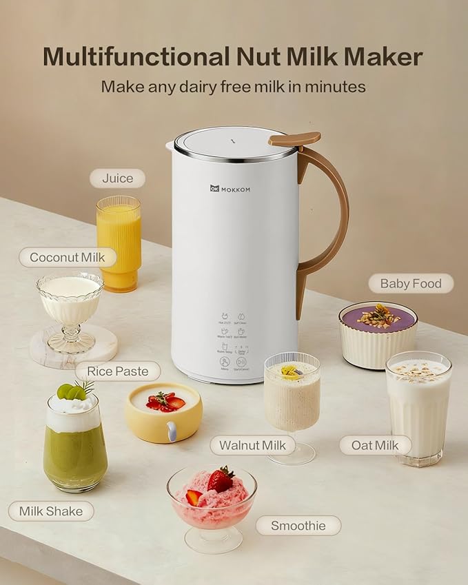OK MOKKOM Automatic Nut Milk Maker 20 oz Soy Milk Maker Homemade Almond Oat Coconut Soy Plant-Based Milk Dairy Free Beverages Almond Milk Maker with Delay Start/Boild Water/Self Clean - White
