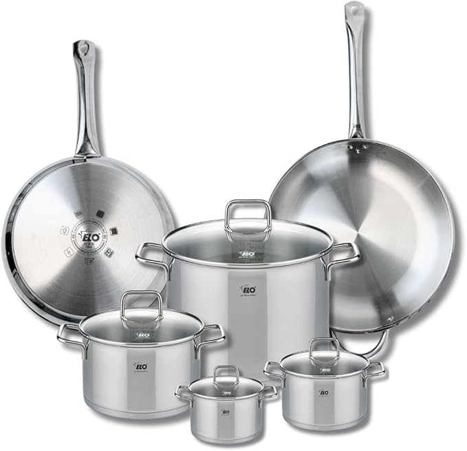 ELO 9510450 6-Piece Cookware Set 2 Frying Pans 28 and 32 cm and 4 Saucepans 12 14 20 and 26 cm Elo Profi Citrine Stainless Steel Induction