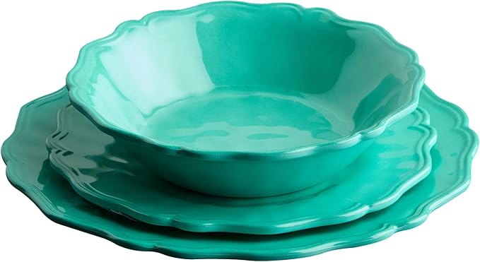 Isabella Teal 12-Piece Melamine Dinnerware Set for 4 – Vibrant Crackle Glaze Plates &amp Bowls with Scalloped Edges Durable Lightweight Dishwasher Safe for Everyday and Outdoor Dining