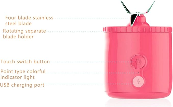 Portable Blender 500ML USB Rechargeable Mixers Fresh Fruit Juicers Bottle Shape Mini Electric Blender Strong Cutting Power with 4 Blades for Home Sport Office Campin (Pink)