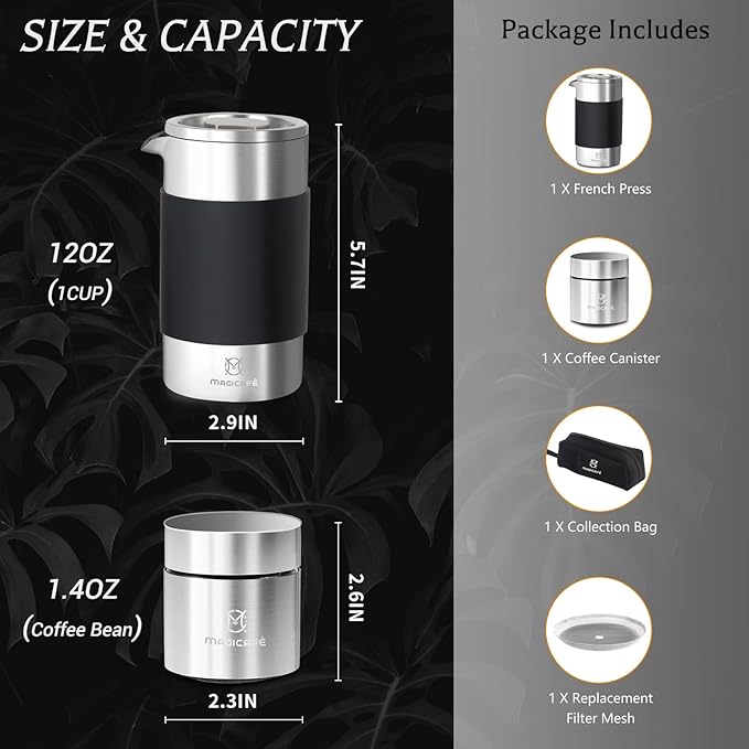 French Press Coffee Maker Set Portable French Press with Mini Coffee Canister and Collection Bag Single Serve 1 Cup Small Stainless Steel Double Walled Coffee Press 350ml/12oz
