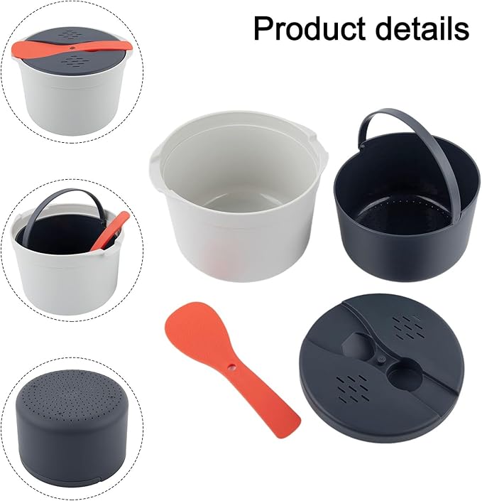 Microwave Rice Cooker Steamer Pot with Strainer 18x18x13cm PP Container for Rice Pasta Vegetables Dishwasher Safe Portable for Travel and Office Green