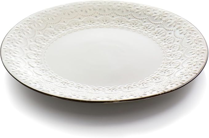16 Piece Ivory Stoneware Dinnerware Set – Embossed Plates with Scalloped Edges and Double Bowl Design Microwave &amp Dishwasher Safe Elegant Tableware Set for 4