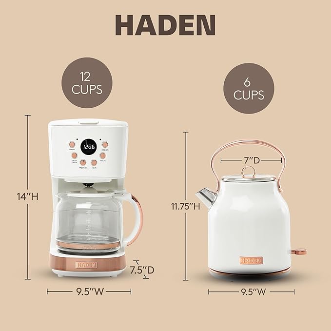 HADEN Coffee Machine 12 Cup Drip Coffee Maker Bundled with Heritage 1.7 Liter Stainless Steel Electric Kettle Ivory &amp Copper