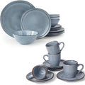 Famiware Aegean 12 Pieces Dinnerware Set + Ocean Espresso Cups with Saucers Set of 4 Microwave and Dishwasher Safe Blue