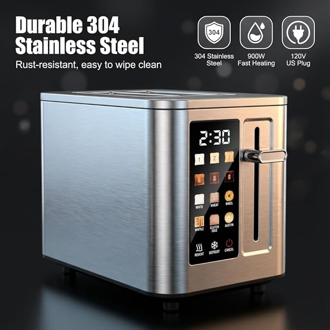 Touch Screen Toaster 2 Slice Digital Stainless Steel Bread Toaster with Timer 1.5'' Wide Slot 6 Shade Settings &amp 6 Bread Types Bagel Defrost Reheat Cancel Functions