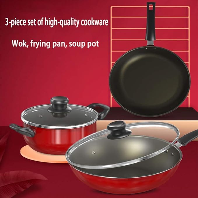 Cookware Set 3-Piece Pot &amp Pan Sets Safe SaucepanWokStock Potwith Glass LidComfortable Handle Suitable Cooker Easy to Clean Cookware