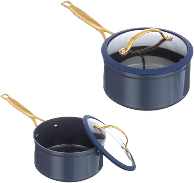 12-Piece Non-Stick Aluminum Cookware Set with Induction Base Oven Safe Black Finish (Blue &amp Gold)