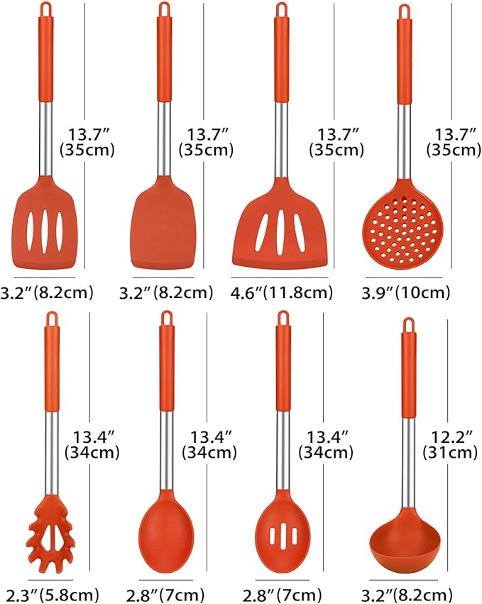 Silicone Cooking Utensil Set 8Pcs Non-stick Cookware with Stainless Steel Handle BPA Free Heat Resistant Kitchen Tools with Spatulas Turners Spoons Skimmer and Pasta Fork (RED)