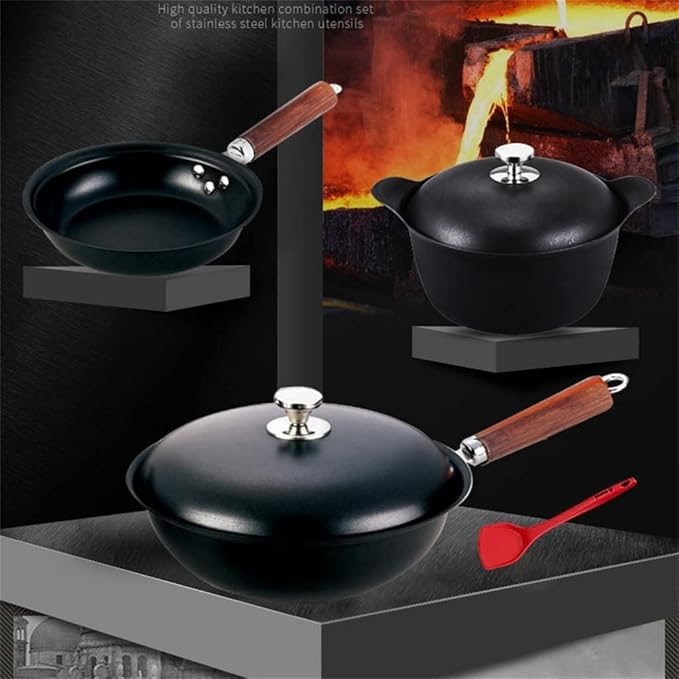 Kitchen Cookware Sets 3Pcs Cookware Set Wok Soup Pot Glass Lid Frying Pan Wrought Iron Non-Stick Cooking Pot Set Kitchen Cooking Set Cooking Pots