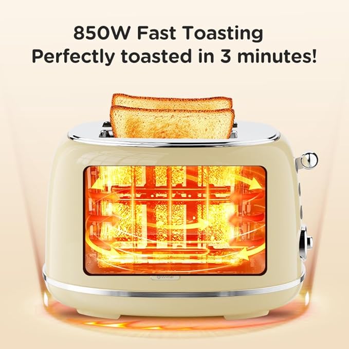 Toaster Retro 2 Slice Vintage White Toaster with Lid with Bread Attachment Preheat Defrost And Cancel Functions 6 Browning Levels (Beige)