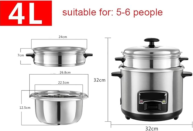 THEGA Rice Cookers (2-6L) Portable Rice Cooker Stainless Steel Inner Pot with Steamer Warm Functions 201 Stainless Steel Liner with Spatula and Measuring Cup for 1-11 People(4L)