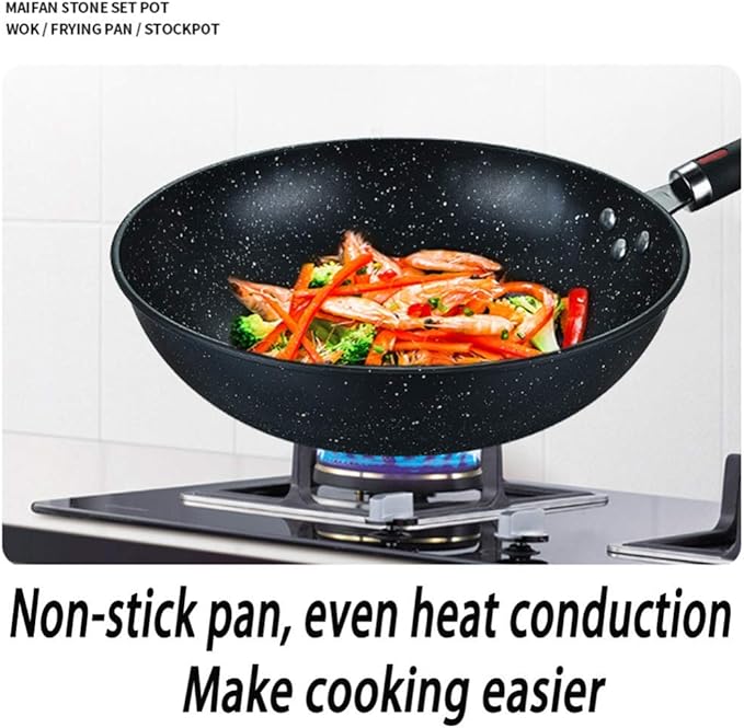 3 Pieces Pan SetsThere are Soup Pots WokFrying Pans Made of Thick Iron Non-Scalding Handles Suitable for Various Stoves Easy to Clean Stone Set
