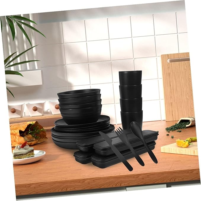 20pcs Black Dinnerware Set for 4 Persons Includes Cutlery Bowls Plates Cups Portable Food Bowl and Picnic Camping Utensils for Travel and Outdoor Use
