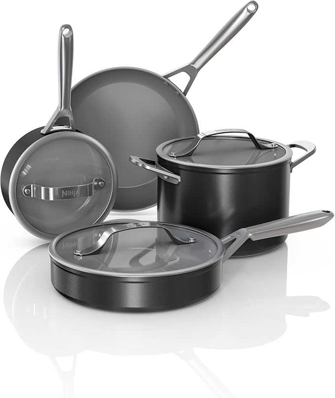 Ninja Ceramic Pro 7-Piece Cookware Set Non-Stick Pots &amp Pans Set with Glass Lids Nontoxic PTFE Free Ceramic Coated Oven Safe All Stovetops &amp Induction Compatible Black CW39007BK