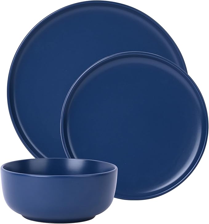 12-Piece Stoneware Dinnerware Set Blue Service for 4 Microwave &amp Dishwasher Safe Ceramic Plates and Bowls Set Durable Everyday Dishes for Home Kitchen