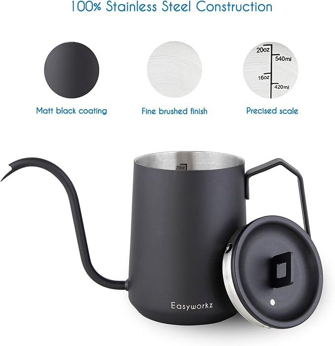 Easyworkz Gooseneck Pour Over Coffee Kettle 20 oz Stainless Steel Hand Drip Coffee Pot With Long Narrow Spout Matte Black