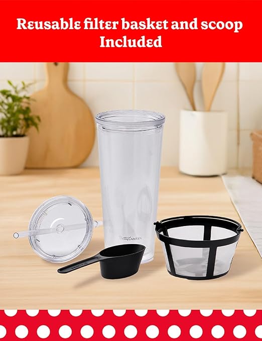 Betty Crocker Coffee Maker for Iced &amp Hot Brew Brews in 4 Minutes Compact Iced Coffee Machine with Chrome Accents Reusable Filter BPA-Free 20-Oz Tumbler &amp Straw BC-4869B Black