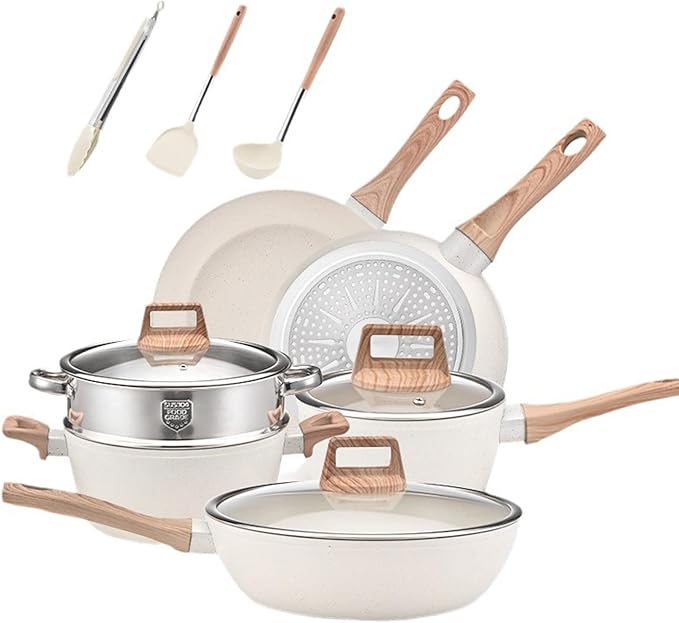 12 Pcs Kitchen Cookware Set Nonstick Dishwasher Safe with Detachable Handle Pots and Pans Set with Lids Granite Induction Cookware Non Stick Cooking Set OvenWhite-Variety Pack