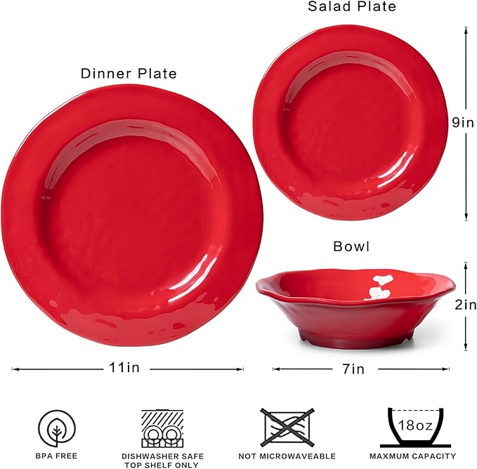 LEHAHA Red Melamine Dinnerware Sets 18-Piece Melamine Dishes Set Lightweight and Chip Resistant Durable Plates and Bowls Set Safe for Daily Use Dishwasher Safe Service for 6