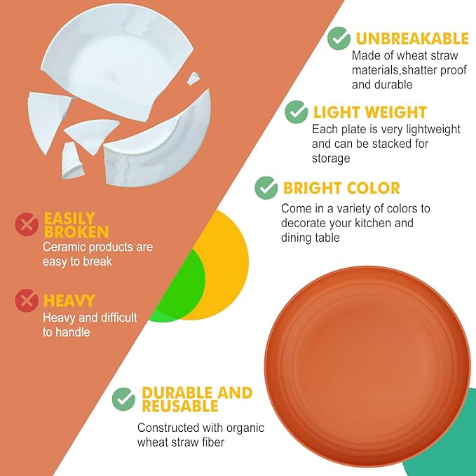 Homienly 40 PCS Premium Wheat Straw Dinnerware Sets Reusable Plates and Bowls Sets for Kitchen Lightweight and Unbreakable Dishwasher and Microwave Safe Dishes Set - Colorful